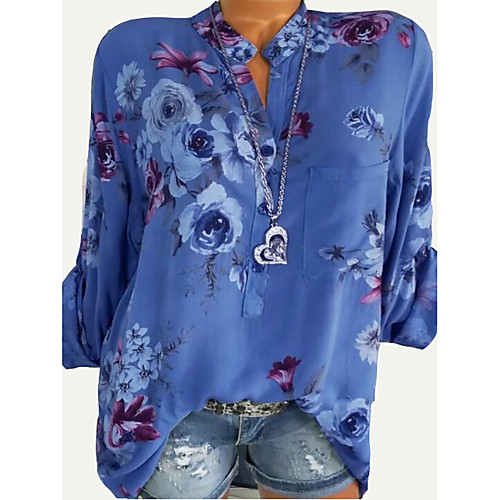 

Women's Blouse Shirt Floral Flower Long Sleeve Floral Pocket Button Round Neck Tops Basic Basic Top White Blue Red