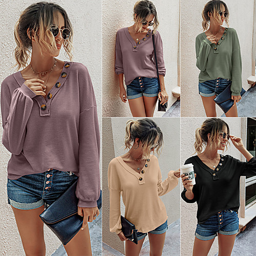 

Women's Basic Knitted Solid Color Plain Pullover Long Sleeve Sweater Cardigans V Neck Fall Winter Black Purple Army Green