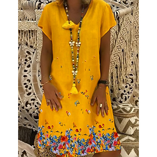 

Women's A Line Dress Knee Length Dress White Black Yellow Khaki Light Blue Short Sleeve Floral Summer V Neck Hot Casual Boho 2021 S M L XL XXL 3XL 4XL 5XL