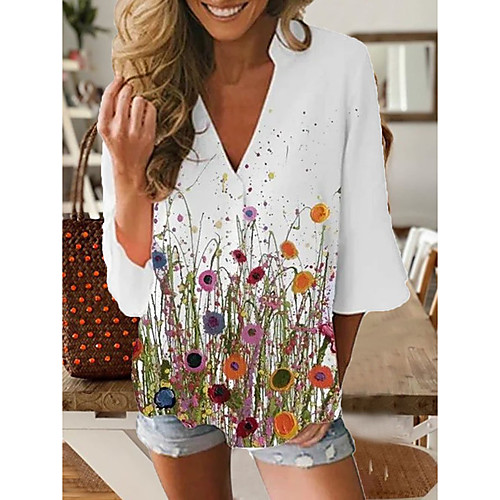 

Women's Blouse Shirt Floral Flower Long Sleeve Print V Neck Tops Basic Basic Top White