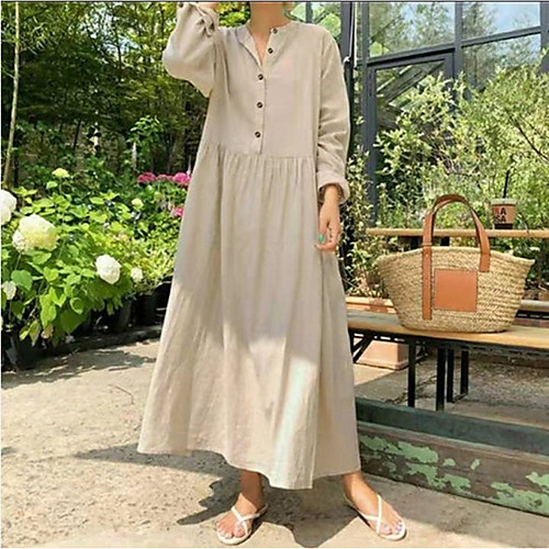 

Women's Shift Dress Maxi long Dress Black Wine Beige Long Sleeve Solid Color Patchwork Fall Round Neck Hot Casual Cotton 2021 S M L XL XXL 3XL 4XL 5XL