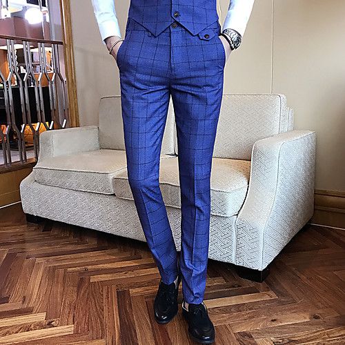 

Black / Navy Blue / Gray Checkered Standard Fit Spandex / Polyester Suit - Notch No Buttons