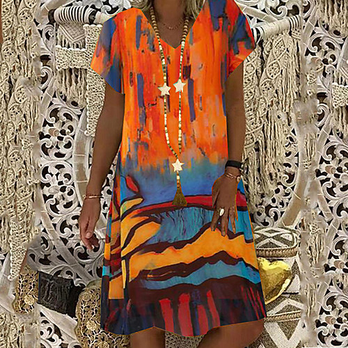 

Women's Shift Dress Knee Length Dress Short Sleeve Print Patchwork Print Fall Spring Hot Casual vacation dresses 2021 Blue Orange Green S M L XL XXL