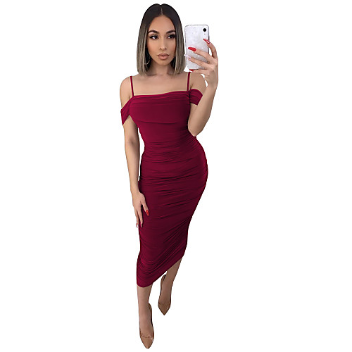 

Women's Strap Dress Midi Dress Black Blue Red Wine Fuchsia Sleeveless Solid Color Backless Ruched Patchwork Summer Strapless Sexy 2021 S M L XL XXL