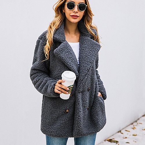 

Women's Solid Colored Fur Trim Basic Fall & Winter Teddy Coat Regular Daily Long Sleeve Polyester Coat Tops White