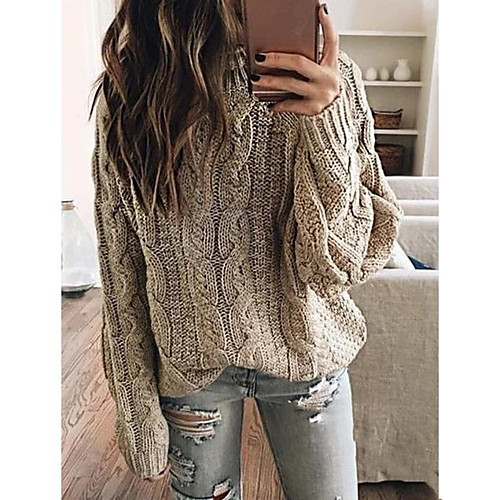 

Women's Basic Knitted Solid Colored Plain Pullover Long Sleeve Loose Oversized Sweater Cardigans Crew Neck Round Neck Fall Winter Blushing Pink Khaki Gray