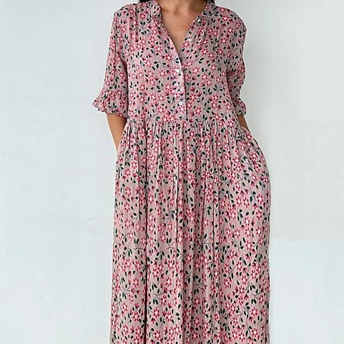 

Women's Swing Dress Maxi long Dress Blushing Pink Half Sleeve Floral Ruffle Summer V Neck Hot Elegant 2021 S M L XL XXL