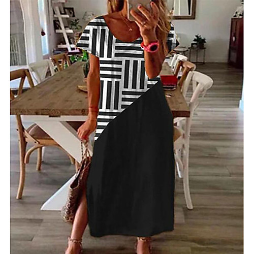 

Women's T Shirt Dress Tee Dress Maxi long Dress Black Short Sleeve Striped Patchwork Summer Round Neck Casual Vintage Cotton 2021 S M L XL XXL 3XL