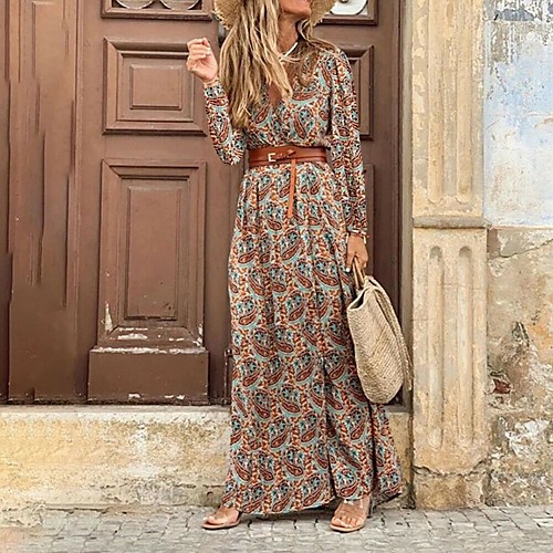 

Women's Swing Dress Maxi long Dress Red Brown Navy Blue Long Sleeve Print Print Fall V Neck Casual 2021 S M L XL XXL 3XL