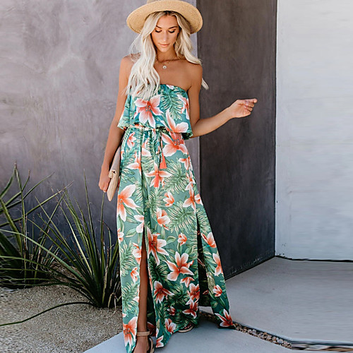 

Women's Sheath Dress Maxi long Dress Green Sleeveless Floral Summer Strapless Sexy Boho 2021 S M L XL