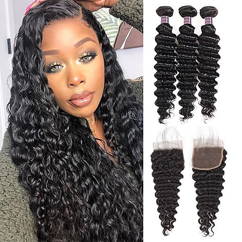 

4 Bundles Hair Weaves Brazilian Hair Deep Wave Human Hair Extensions Human Hair Hair Weft with Closure 8-28 inch Natural Women Natural Youth