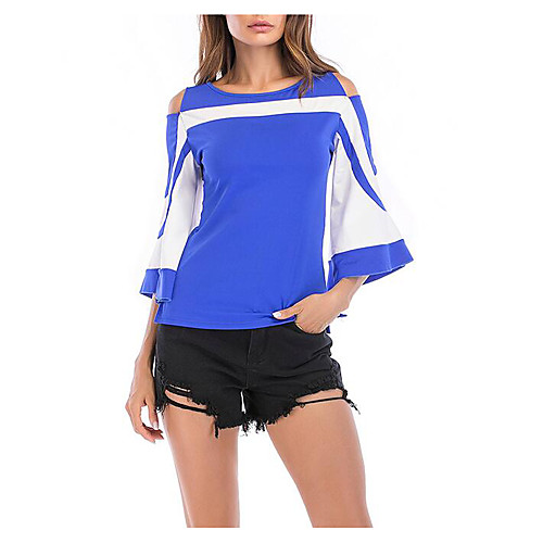 

Women's Blouse Shirt Color Block Patchwork Round Neck Tops Slim Basic Basic Top Black Blue Red