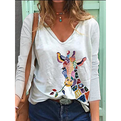 

Women's T shirt Giraffe Long Sleeve Print V Neck Tops Cotton Basic Basic Top White Blue Blushing Pink
