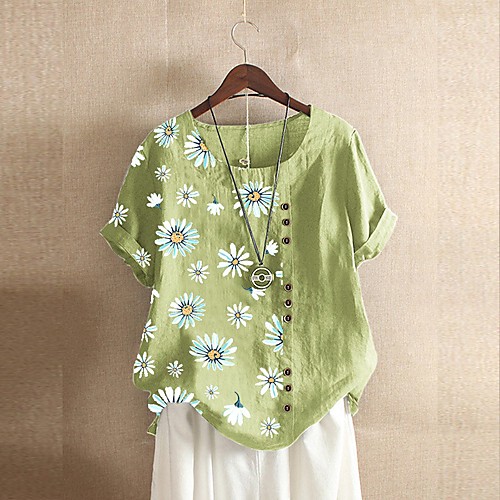 

Women's Blouse Shirt Floral Flower Button Print Round Neck Tops Cotton Basic Basic Top Green