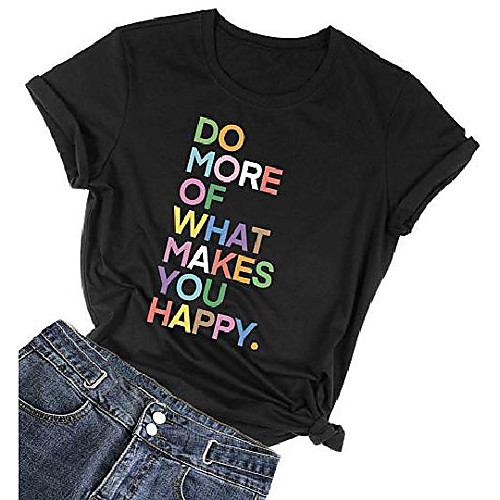 

womens o neck fun happy graphic tees summer cute letter printed t-shirts black small