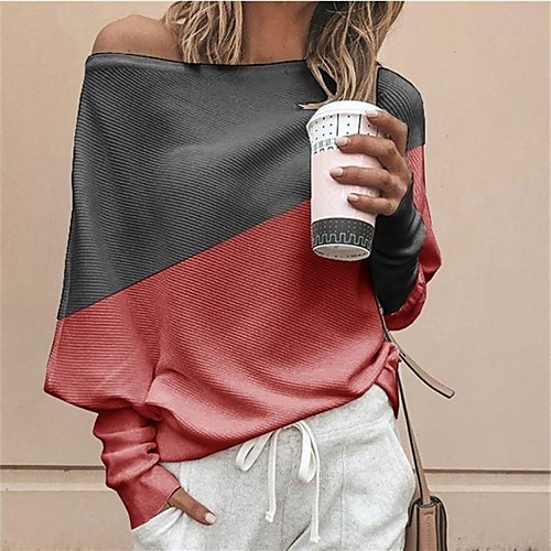 

Women's Blouse Shirt Pattern Color Block Long Sleeve Off Shoulder Tops Basic Basic Top White Blue Red