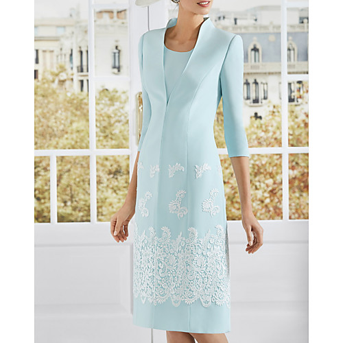 

Two Piece Sheath / Column Mother of the Bride Dress Elegant Jewel Neck Knee Length Lace Satin 3/4 Length Sleeve with Appliques 2021