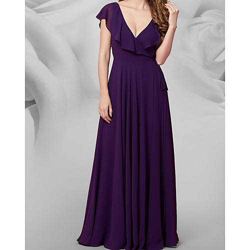

A-Line V Neck Floor Length Chiffon Bridesmaid Dress with Pleats