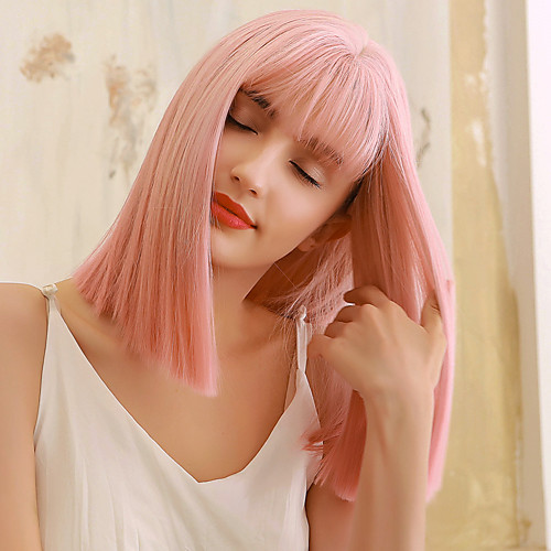 

Synthetic Wig Straight Yaki Straight Side Part Neat Bang With Bangs Wig Medium Length Pink Green Ombre Blonde Synthetic Hair 18 inch Women's Cosplay Party Adorable Pink Green BLONDE UNICORN