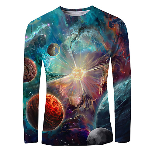 

Men's T shirt Galaxy Graphic Print Long Sleeve Daily Tops Basic Elegant Light Blue