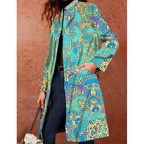 

Women's Geometric Ethnic Style Winter Coat Long Daily Long Sleeve Cotton Blend Coat Tops Blue