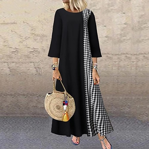 

Women's Shift Dress Maxi long Dress Black Wine Navy Blue 3/4 Length Sleeve Solid Color Geometric Print Summer Round Neck Hot Casual Boho Cotton 2021 M L XL XXL 3XL 4XL 5XL