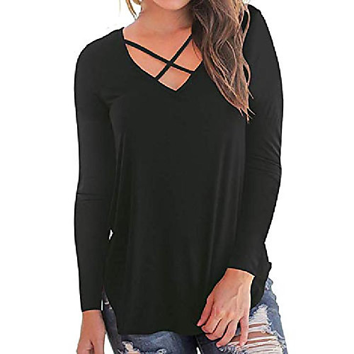 

womens casual work v neck long sleeve blouse asymetric hem criss cross tops shirt & #40;l, z-black& #41;