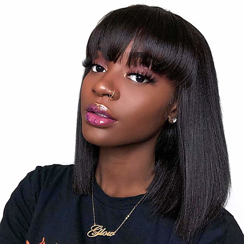 

Remy Human Hair Wig Medium Length Natural Straight Short Bob With Bangs Natural Black Fashionable Design Natural Best Quality Capless Brazilian Hair Women's Girls' Natural Black 12 inch