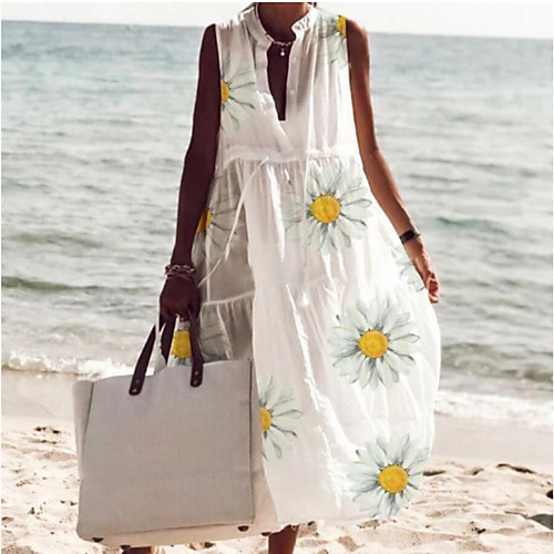 

Women's Swing Dress Maxi long Dress White Sleeveless Floral Print Summer V Neck Hot Casual Boho 2021 S M L XL XXL 3XL