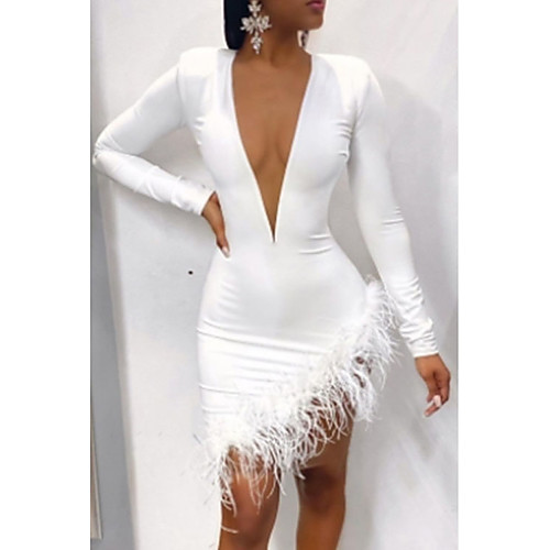 

Women's Sheath Dress Short Mini Dress White Black Long Sleeve Solid Color Mesh Patchwork Fall V Neck Hot Sexy 2021 S M L XL
