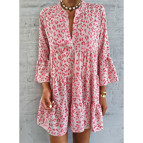 

Women's Shift Dress Knee Length Dress Blushing Pink Khaki Gray 3/4 Length Sleeve Print Ruffle Print Summer V Neck Hot Casual Flare Cuff Sleeve 2021 S M L XL XXL