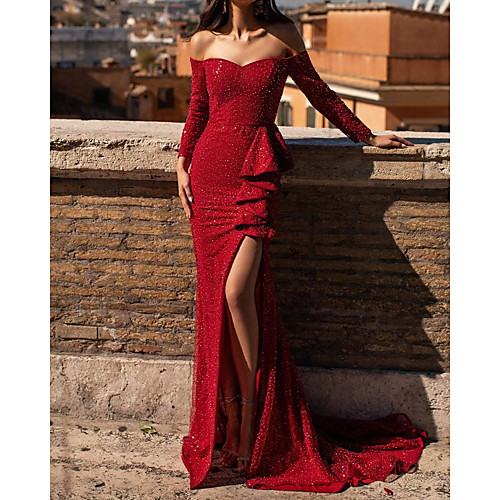 

Mermaid / Trumpet Glittering Sexy Engagement Formal Evening Dress Off Shoulder Long Sleeve Court Train Stretch Satin with Ruffles Split 2021