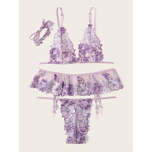 

Women's Mesh Lace Gartered Lingerie Suits Nightwear Floral Lavender S M L