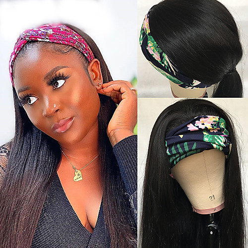 

Human Hair 100% Hand Tied Wig Headband Wig style Brazilian Hair Straight Natural Black Wig 130% Density Women Medium Size Natural Hairline For Black Women Women's Short Long Medium Length Human Hair