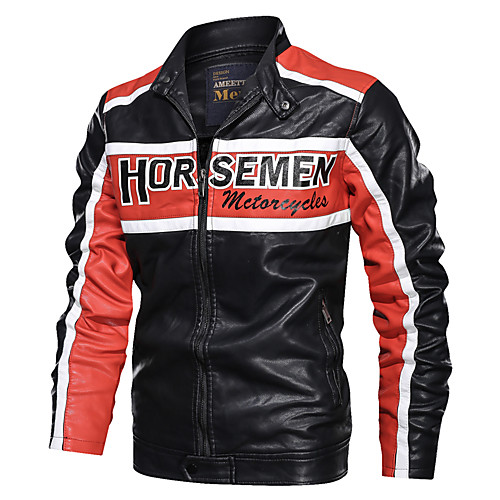 

Men's Letter Basic Fall & Winter Faux Leather Jacket Regular Daily Long Sleeve Faux Leather Coat Tops Black