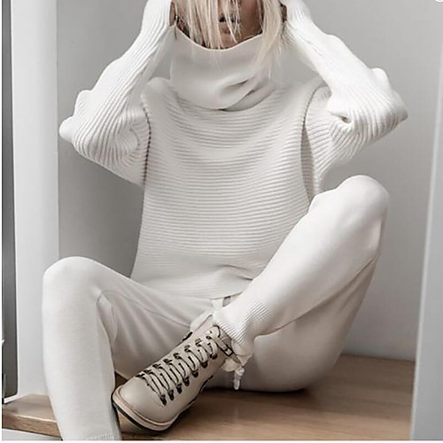 

Women's Basic Knitted Solid Colored Plain Sweater Long Sleeve Loose Sweater Cardigans Turtleneck Fall Winter White