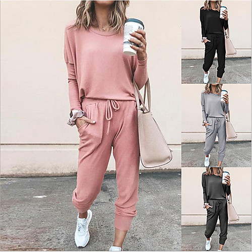 

Women's Sweatsuit 2 Piece Set Black Pink Drawstring Pocket Loose Fit Minimalist Crew Neck Solid Color Cute Sport Athleisure Clothing Suit Long Sleeve Soft Oversized Comfortable Yoga Running Everyday