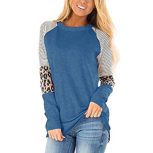 

womens long sleeve t shirts round neck color block leopard print stripe casual tunic tops blouses leopard blue-s