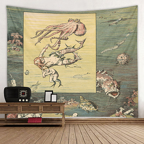 

Oil Painting Style Wall Tapestry Art Decor Blanket Curtain Hanging Home Bedroom Living Room Decoration Seabed Animal Myth Octopus Mermaid
