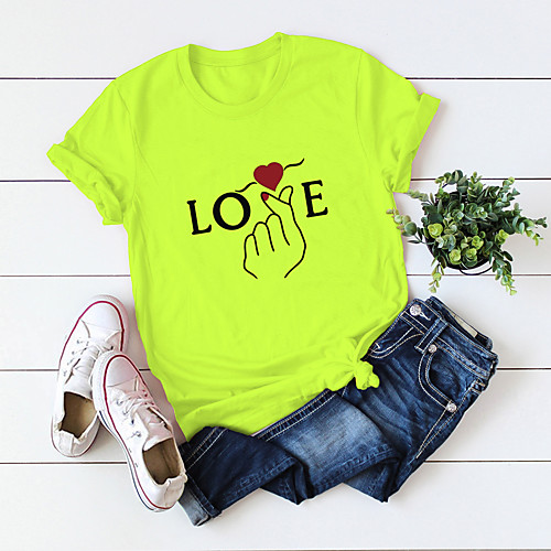 

Women's T shirt Heart Letter Round Neck Tops 100% Cotton Basic Basic Top White Blue Yellow