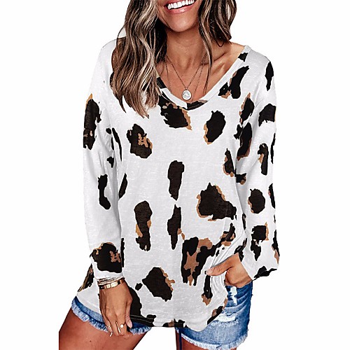 

Women's Tunic Leopard Cheetah Print Long Sleeve Print V Neck Tops Loose Basic Basic Top White Khaki