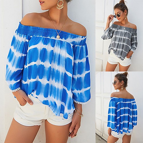 

Women's Holiday Blouse Shirt Tie Dye Long Sleeve Print Off Shoulder Tops Loose Basic Hawaiian Basic Top Blue Gray / Going out