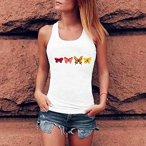 

Women's Tank Top Butterfly Racerback Round Neck Tops Basic Basic Top White Black Purple