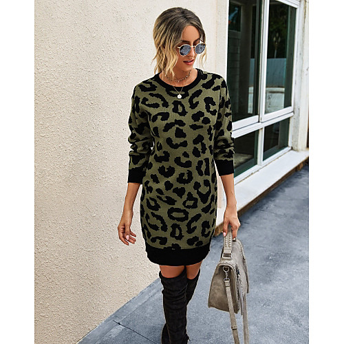 

Women's Stylish Basic Knitted Leopard Cheetah Print Pullover Sweater Dress Long Sleeve Sweater Cardigans Round Neck Boat Neck Fall Winter Khaki Green Beige