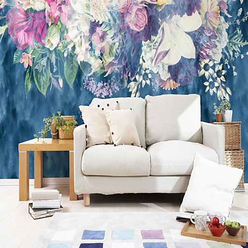 

Custom Self-adhesive Mural Wallpaper Blue Background Flowers Suitable For Bedroom Living Room Cafe Children's Room Wall Decoration Art Art Deco Wall Cloth Room Wallcovering
