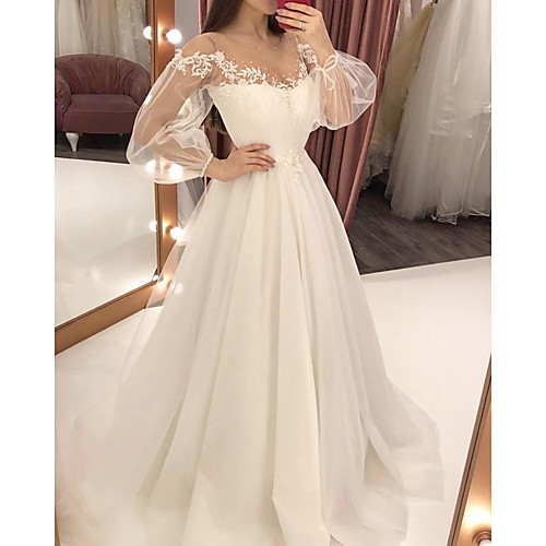 

A-Line Wedding Dresses Jewel Neck Sweep / Brush Train Lace Satin Tulle Long Sleeve Formal with 2021