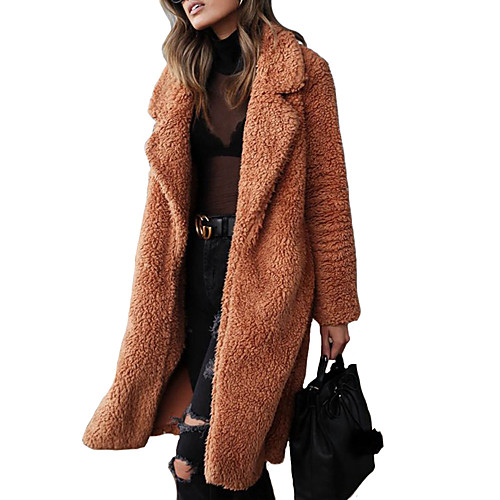 

Women's Solid Colored Fur Trim Streetwear Fall & Winter Faux Fur Coat Long Going out Long Sleeve Faux Fur Coat Tops Black