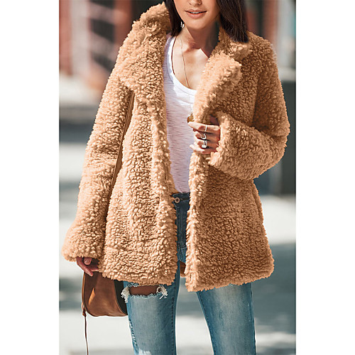 

Women's Solid Colored Basic Fall & Winter Teddy Coat Long Daily Long Sleeve Polyester Coat Tops Black