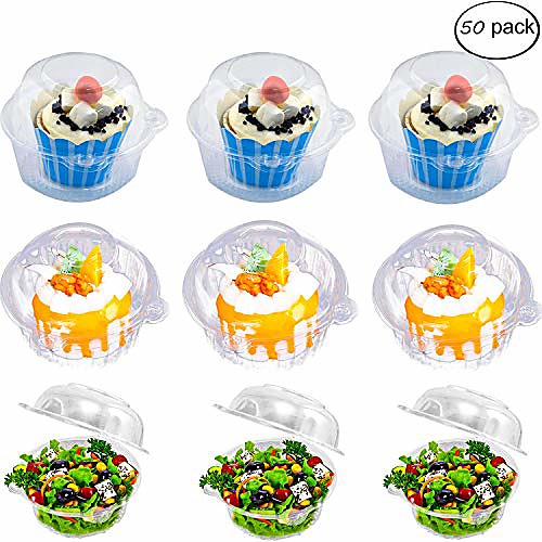 

individual cupcake container - single compartment cupcake carrier holder box with lid use for sandwich hamburgers fruit salad party favor cake - stackable - deep dome - clear plastic (pack of 50)