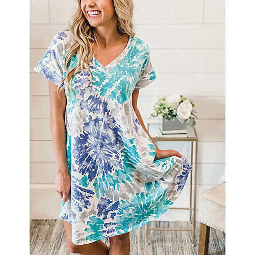 

Women's A Line Dress Knee Length Dress Blue Short Sleeve Print Print Summer V Neck Casual 2021 S M L XL